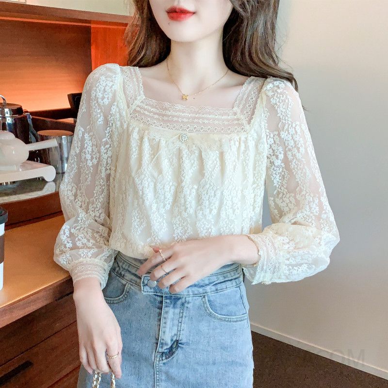 여성 레이스 스퀘어 칼라 긴팔 블라우스 가을용 우아한 디자인 데일리룩 스타일 매치 쉬운 캐주얼 착용감 좋은 여성의류 - 상세 이미지 5