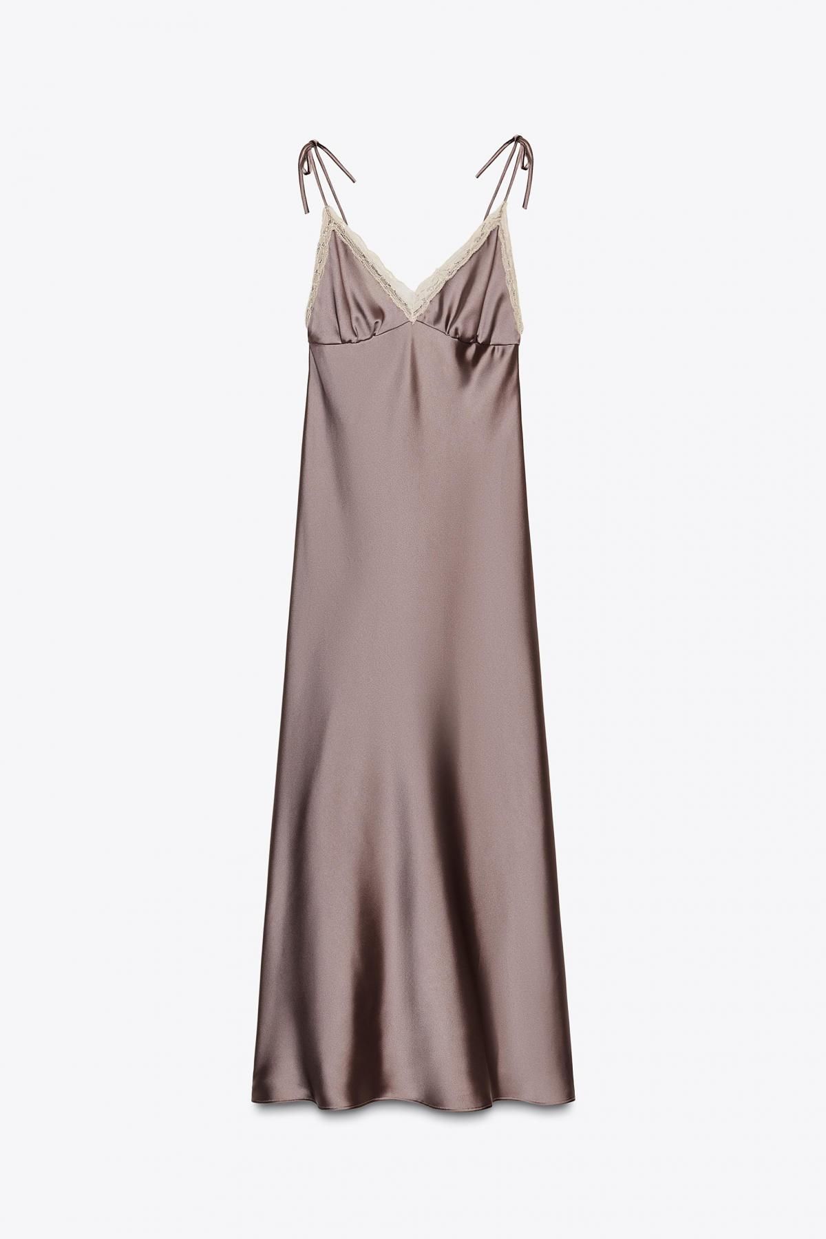자라 새틴 레이스 V넥 슬립 미디 원피스 8736/331 BROWN / TAUPE - 메인 이미지