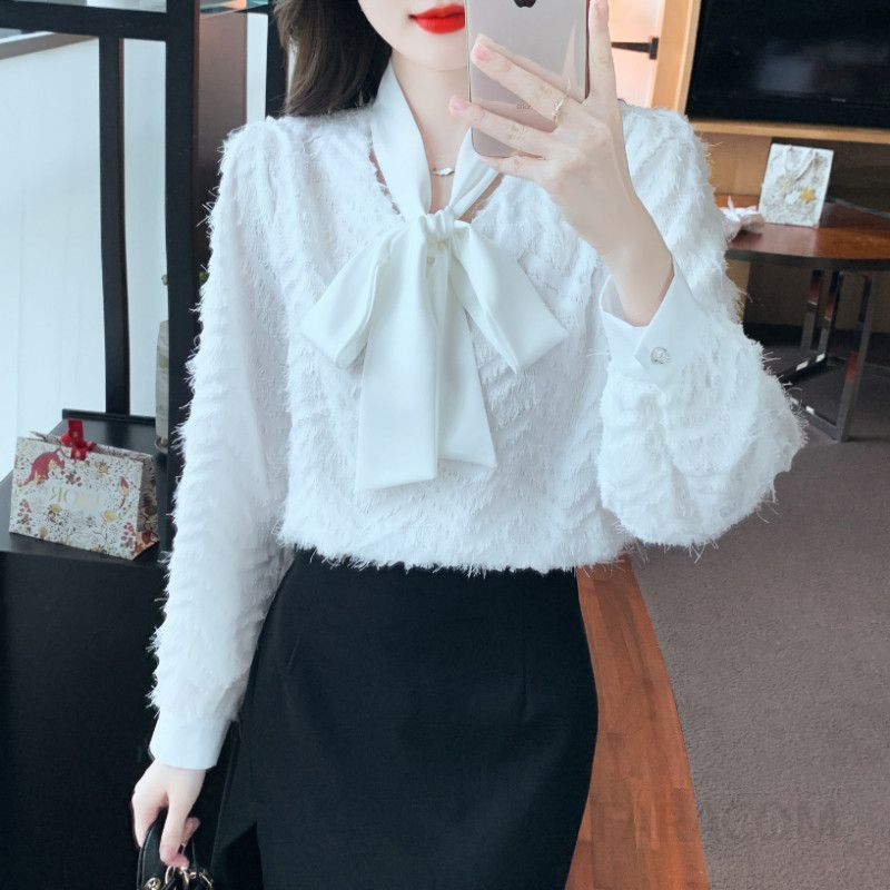 레이스 리본 긴팔 쉬폰 셔츠 여성 가을 우아한 스타일 데일리 블라우스 레이어드 가능 편안한 착용감 매력적인 디자인 - 상세 이미지 5