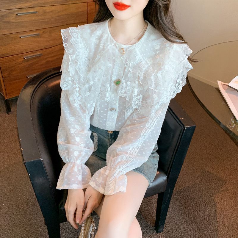 여성 레이스 베이비 칼라 쉬폰 블라우스 가을 루즈핏 긴팔 셔츠 스타일 데일리 캐주얼 자수 디자인 빈티지 감성 모던한 착용감 예쁜 - 상품 이미지