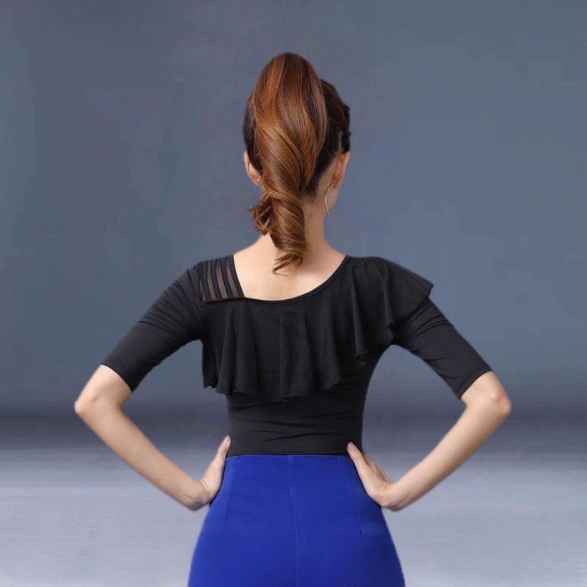 여성 스포츠 댄스상의 방송 모던 라인 라틴 댄스복 줌바 블랙 로터스 칼라 탑 S - 상세 이미지 3