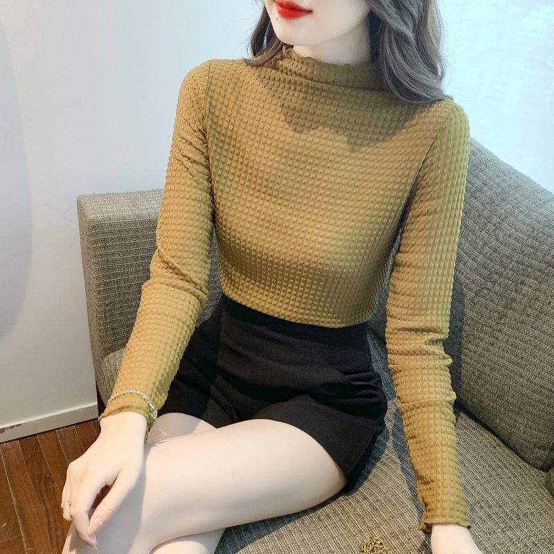 하프넥 쉬폰 블라우스 가을 여성용 루즈핏 긴팔 쉬폰 셔츠 레이스 러플 디자인 스타일리시한 데일리룩 코디 여성스러운 우아한 착용감 - 상품 이미지