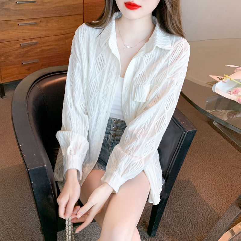 여성 루즈핏 폴로 칼라 긴팔 셔츠 가디건 자외선 차단 얇은 봄가을 간절기용 데일리 재킷 스타일리시한 캐주얼 코디 기본템 - 상품 이미지