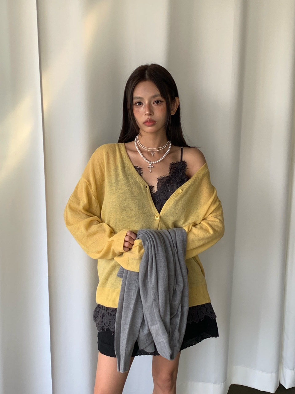 타라바이모션 비비레이 가디건 가을 여리핏 시스루 울 카디건 - 상세 이미지 3