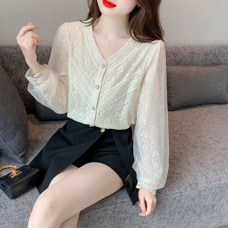 여성 브이넥 쉬폰 레이스 블라우스 가을용 우아한 스타일 데일리 셔츠 편안한 착용감 빈티지 디자인 - 상품 이미지