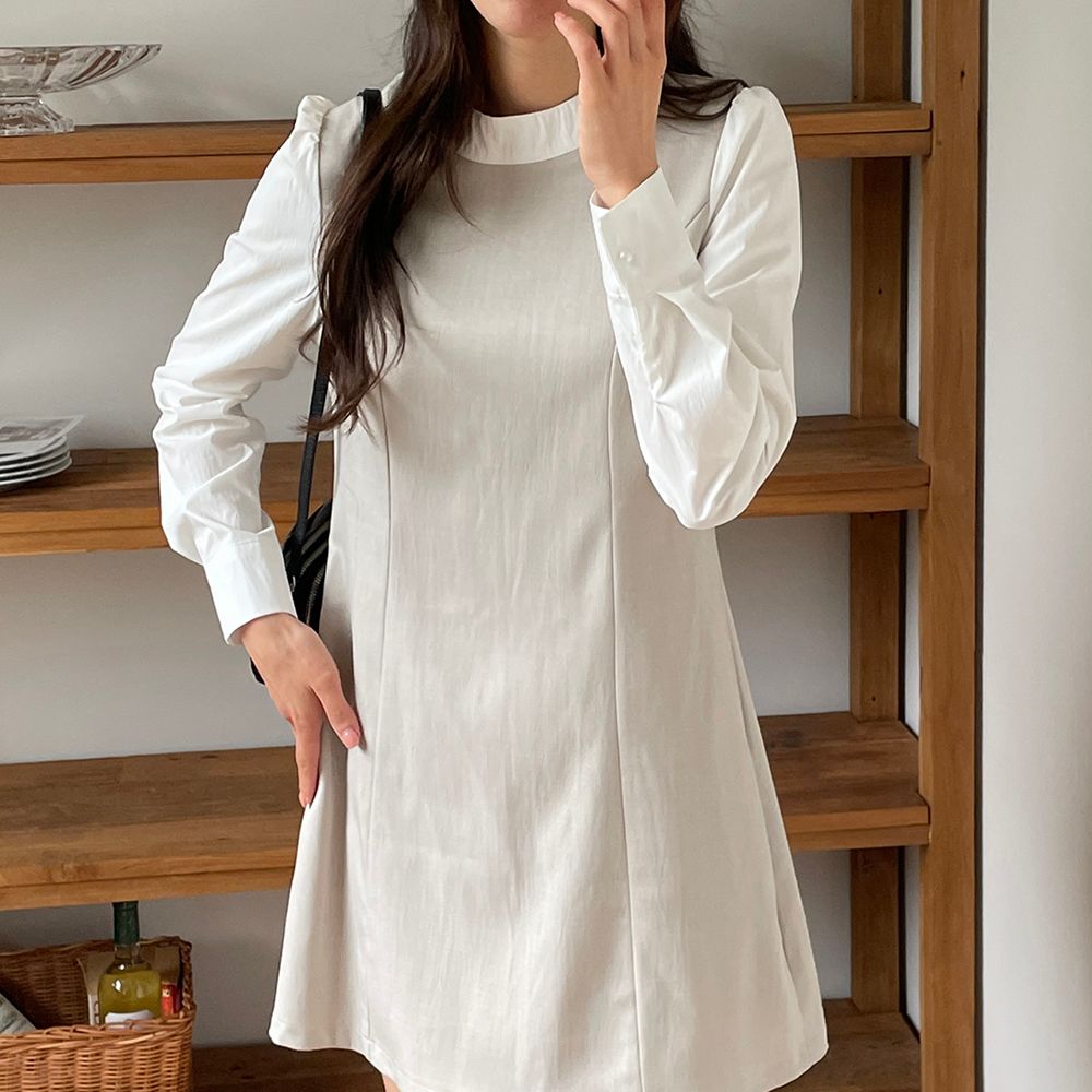 단정한 레이어드 a라인 모임룩 여자 결혼식 하객룩 가을 하객 미니 원피스 베이지 네이비