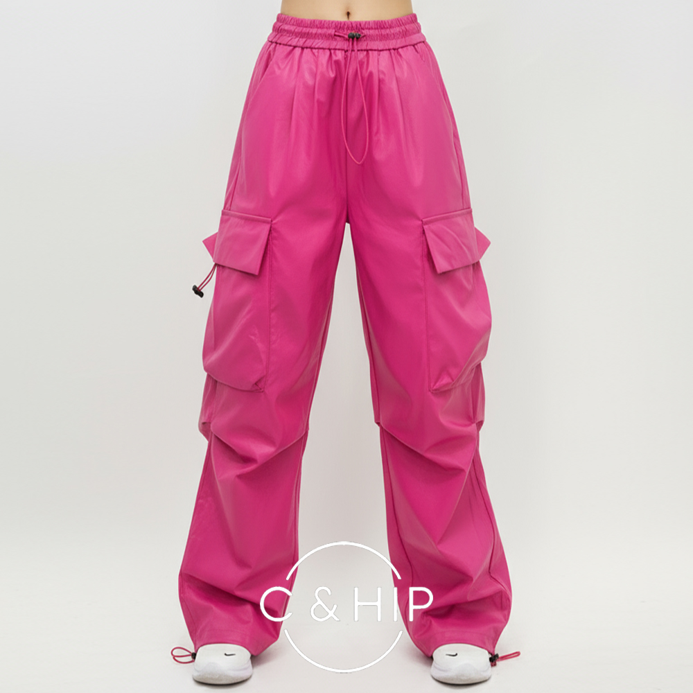 피유 가죽 레더 카고 트레이닝 댄스복 스트릿 조거 와이드팬츠 (핫핑크/블랙) - 상품 이미지