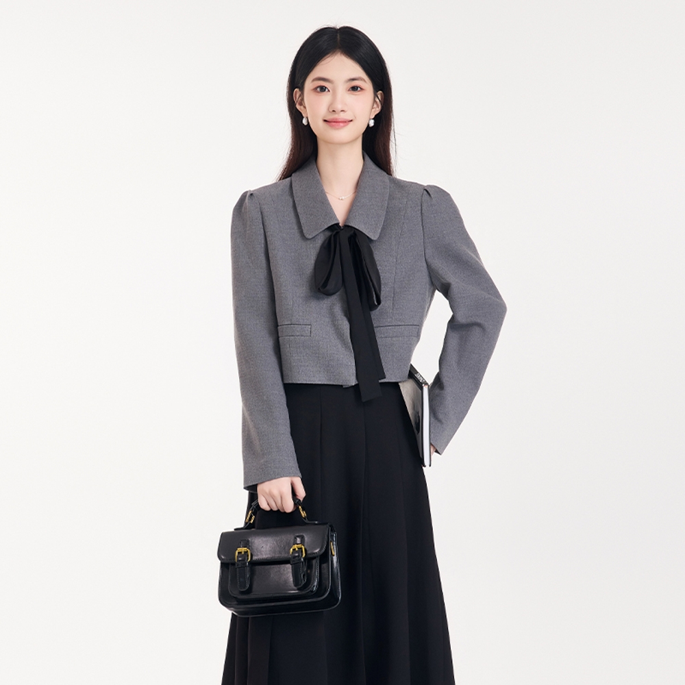 피로연 투피스 여성리본셋업 상견례 정장 크리스마스 크롭 가을트위드셋업 신부예복 결혼식 세트 회색 S - 상품 이미지