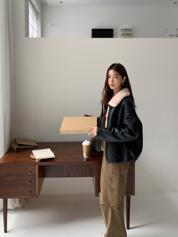 양가죽 메리노 리얼 모피 울 양모 양털 시어링 퍼 무스탕 코트 - 상세 이미지 3
