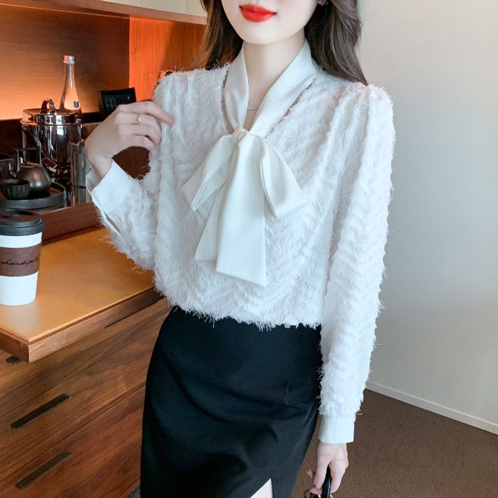 레이스 리본 긴팔 쉬폰 셔츠 여성 가을 우아한 스타일 데일리 블라우스 레이어드 가능 편안한 착용감 매력적인 디자인 - 상세 이미지 4