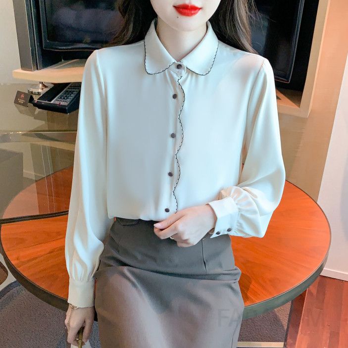 쉬폰 긴팔 블라우스 여성 가을 스타일 웨이브 엣지 폴로 칼라 자수 디테일 루즈핏 우아한 데일리룩 하객룩 - 상세 이미지 4