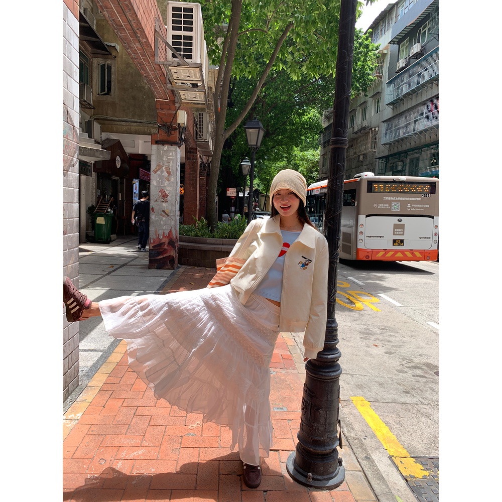 쉬폰 레이스패치워크 밴딩롱스커트 캉캉 청순 예쁜 디자인 고급소재 화이트 - 상세 이미지 3