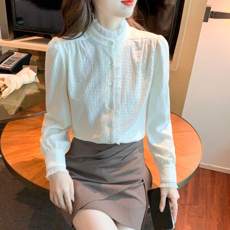 쉬폰 화이트 러플 블라우스 여성용 가을 데일리 오피스룩 스타일 루즈핏 고급스러운 프릴 디테일 매력적인 디자인 상의 - 상세 이미지 5