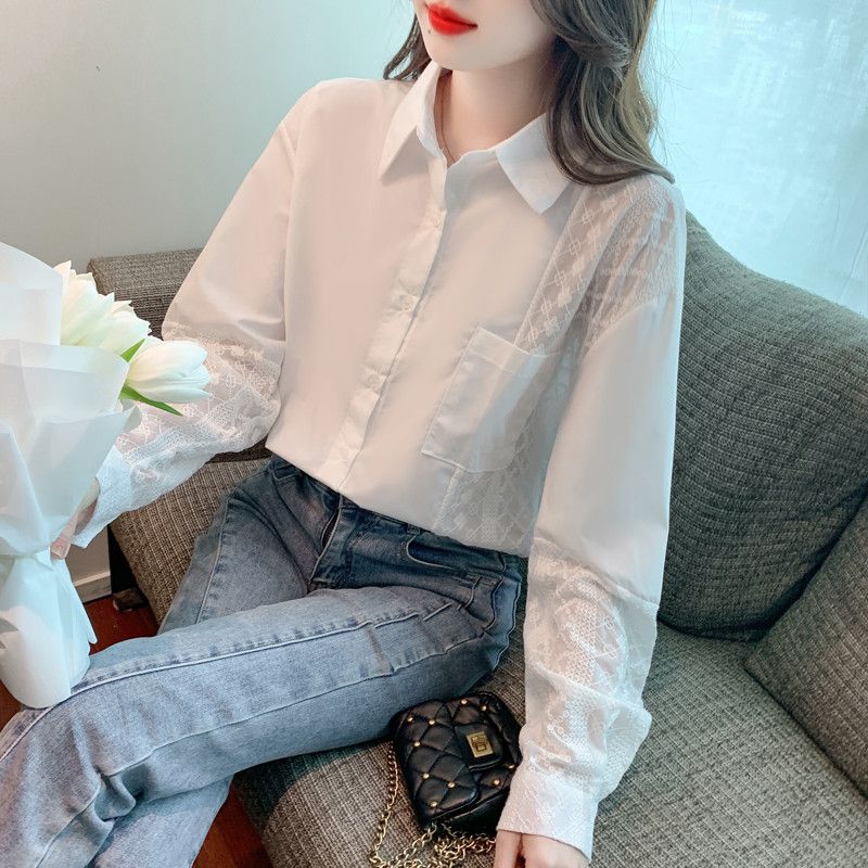 레이스 쉬폰 루즈핏 블라우스 여성 가을 화이트 긴팔 셔츠 스타일 라운드넥 디자인 우아한 캐주얼 시스루 탑 - 상세 이미지 3