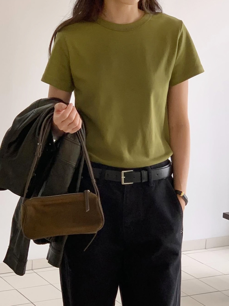 가을 쫀쫀 면 스판 슬랜더 여성 티셔츠 라운드 레이어드 이너 티셔츠 기본 여자흰티 반팔티 - 상세 이미지 4