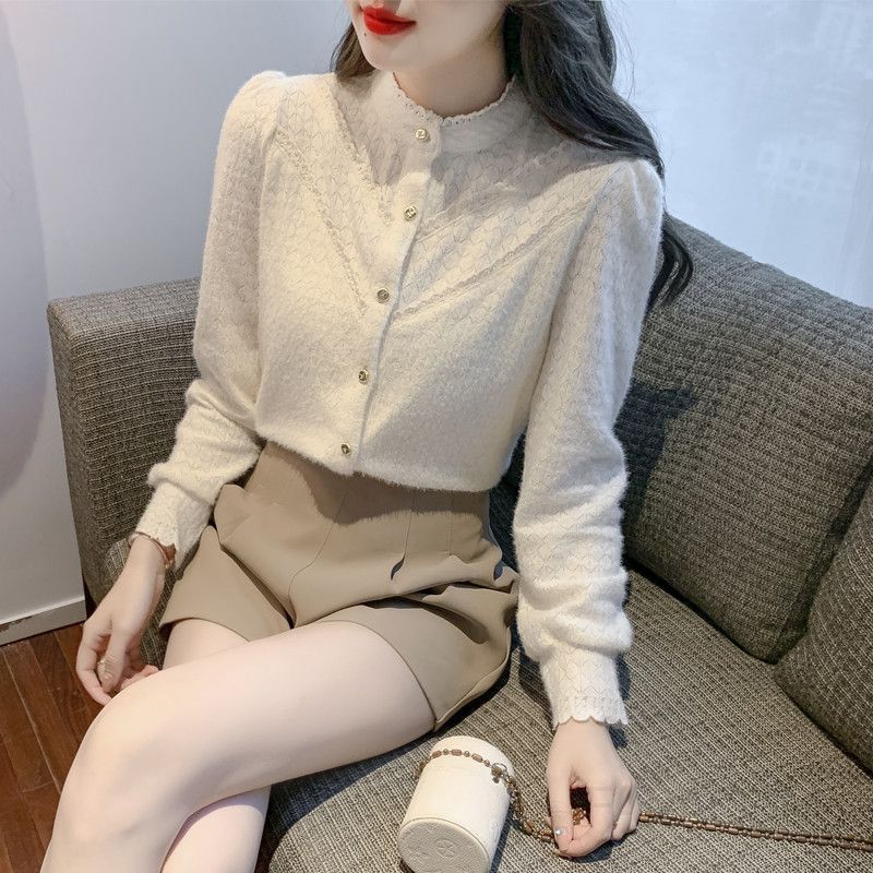 가을 여성용 레이스 블라우스 프렌치 스타일 긴팔 루즈핏 통근용 데일리 패션 하객룩 고급스러운 디자인 예쁜 스타일링 아이템 - 상품 이미지