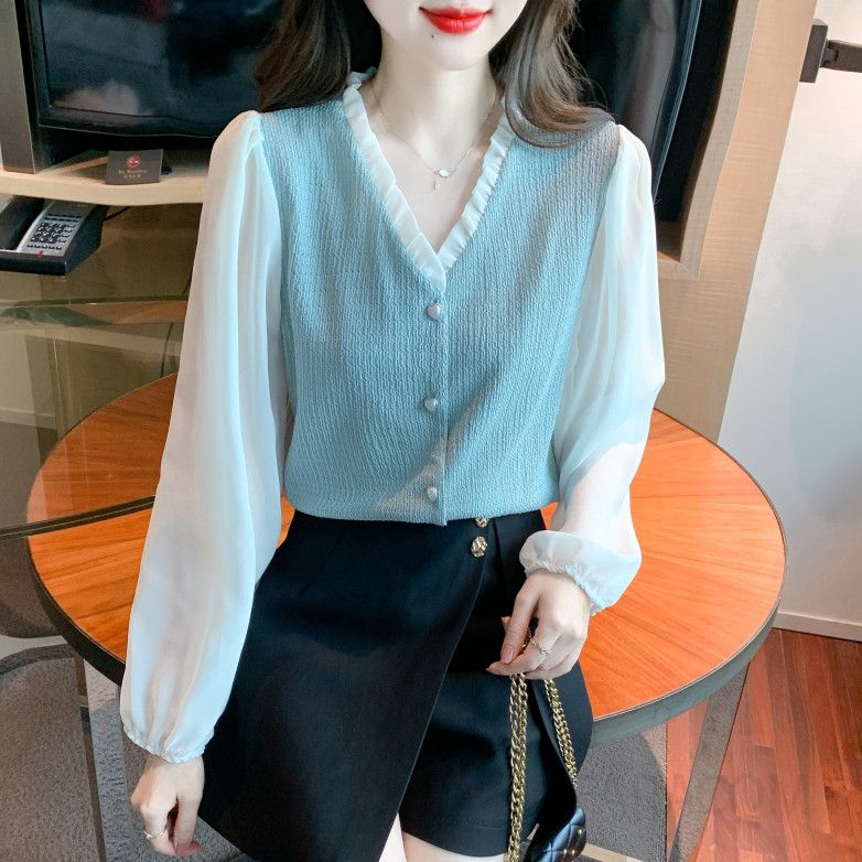 여성 브이넥 쉬폰 블라우스 봄 스타일리시한 긴팔 상의 데일리 착용감 편안한 여성블라우스 다양한 코디 가능 빈티지 감성 - 상세 이미지 3