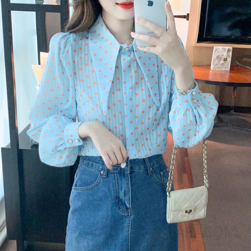 쉬폰 도트 패턴 블라우스 여성 봄 가을 긴팔 세련된 라운드넥 스타일 캐주얼 데일리 착용감 좋은 유행 포인트룩 - 상세 이미지 3
