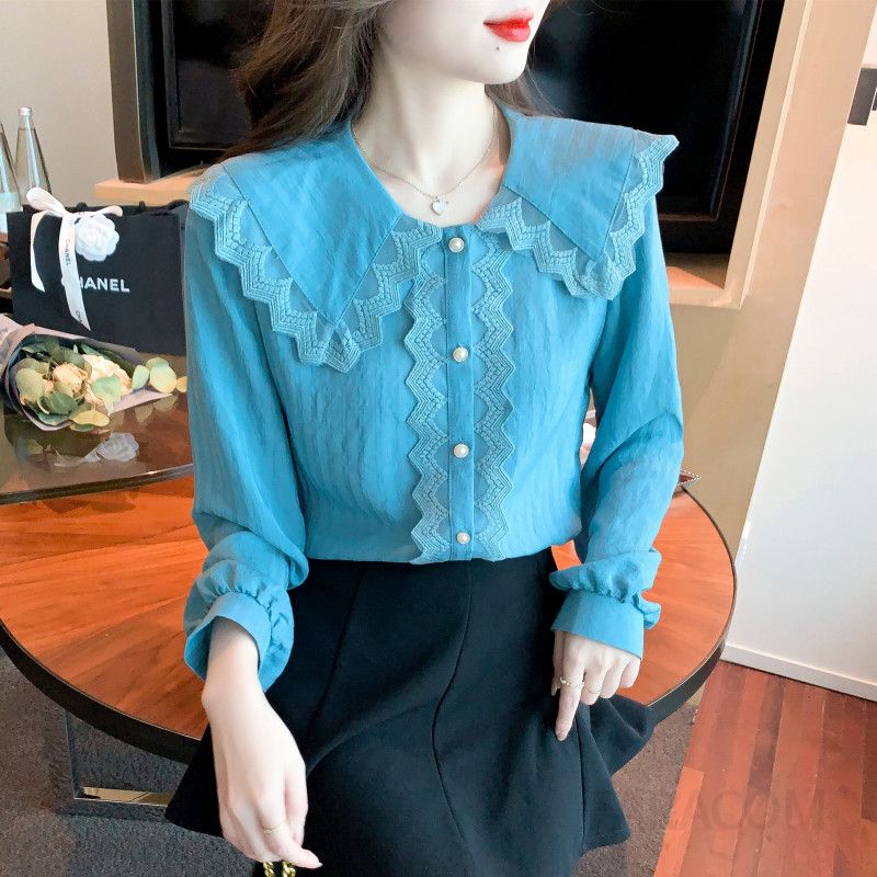 쉬폰 레이스 블라우스 여성용 가을 스타일리쉬 긴팔 셔츠 우아한 디자인 데일리룩 레이어드 활용도 높은 시스루 매력적인 착용감 - 상세 이미지 4