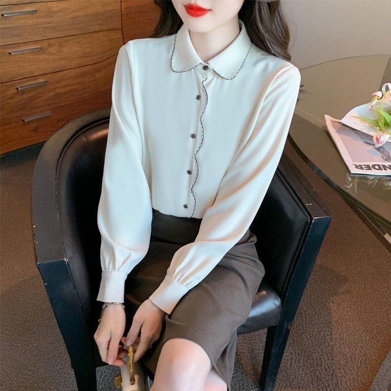 쉬폰 긴팔 블라우스 여성 가을 스타일 웨이브 엣지 폴로 칼라 자수 디테일 루즈핏 우아한 데일리룩 하객룩 - 상품 이미지