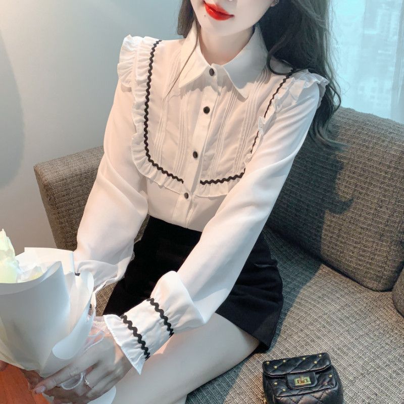 여성 쉬폰 블라우스 러플 디자인 고급스러운 스타일 봄 가을 데일리 우아한 착용감 캐주얼한 셔츠 - 상세 이미지 3
