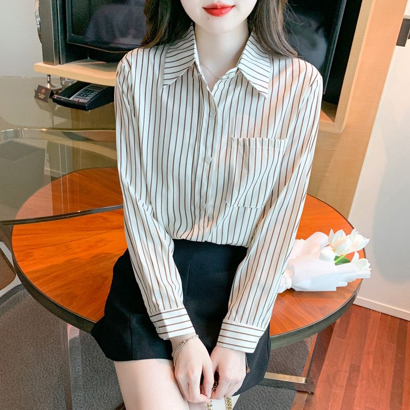 여성 가을 스트라이프 쉬폰 셔츠 블라우스 루즈핏 긴팔 스타일리쉬한 데일리 패션 고급스러운 모던한 디자인 편안한 착용감 외출용 - 상세 이미지 3
