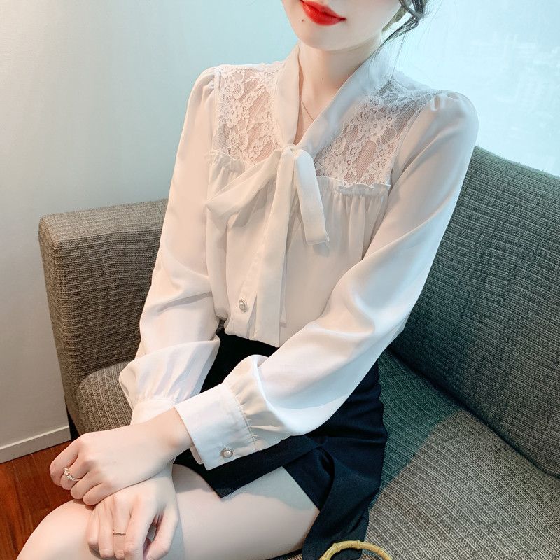 레이스 리본 쉬폰 블라우스 여성 가을 긴팔 루즈핏 우아한 스타일링 하객룩 데일리 캐주얼 코디 쉬폰 소재 고급스러운 디자인 - 상세 이미지 4