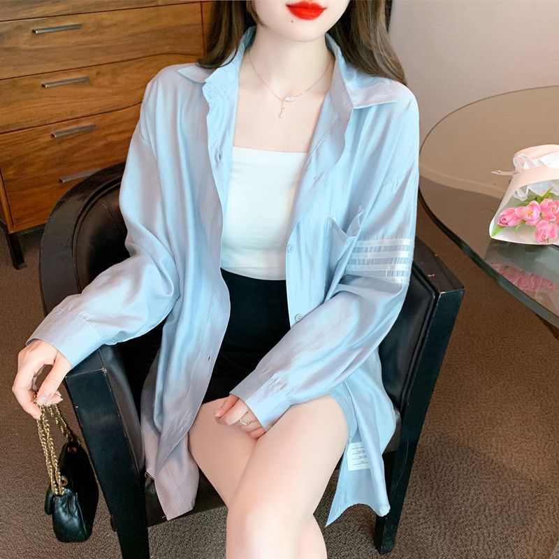 여성 오버핏 긴팔 셔츠 가을셔츠 자외선 차단 캐주얼 스타일 코튼 소재 중간 길이 카디건 재킷형 외출용 시원한 착용감 - 상품 이미지