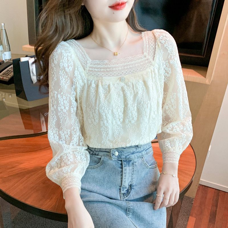 여성 레이스 스퀘어 칼라 긴팔 블라우스 가을용 우아한 디자인 데일리룩 스타일 매치 쉬운 캐주얼 착용감 좋은 여성의류 - 상세 이미지 4