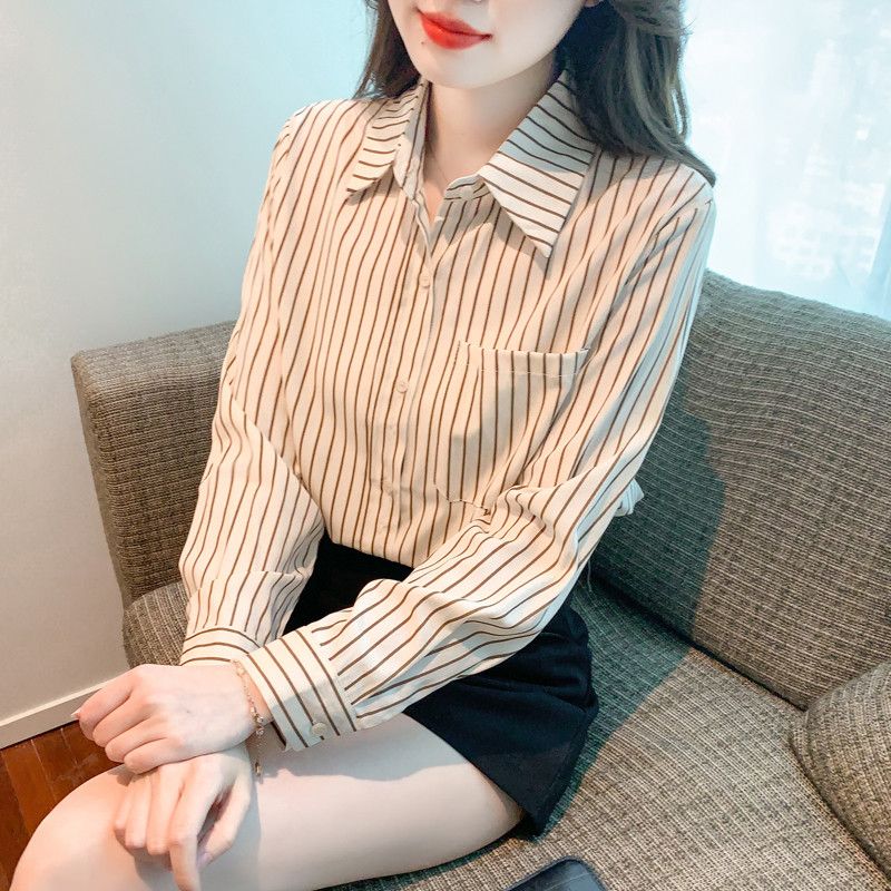 여성 가을 스트라이프 쉬폰 셔츠 블라우스 루즈핏 긴팔 스타일리쉬한 데일리 패션 고급스러운 모던한 디자인 편안한 착용감 외출용 - 상세 이미지 5