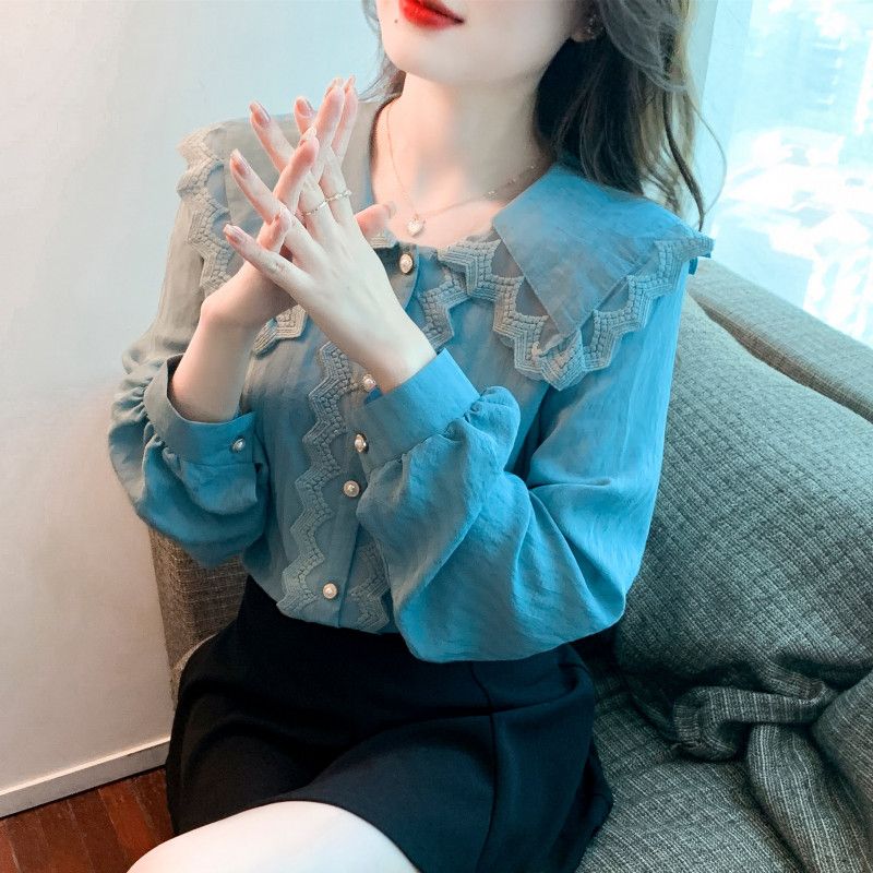 쉬폰 레이스 블라우스 여성용 가을 스타일리쉬 긴팔 셔츠 우아한 디자인 데일리룩 레이어드 활용도 높은 시스루 매력적인 착용감 - 상세 이미지 5