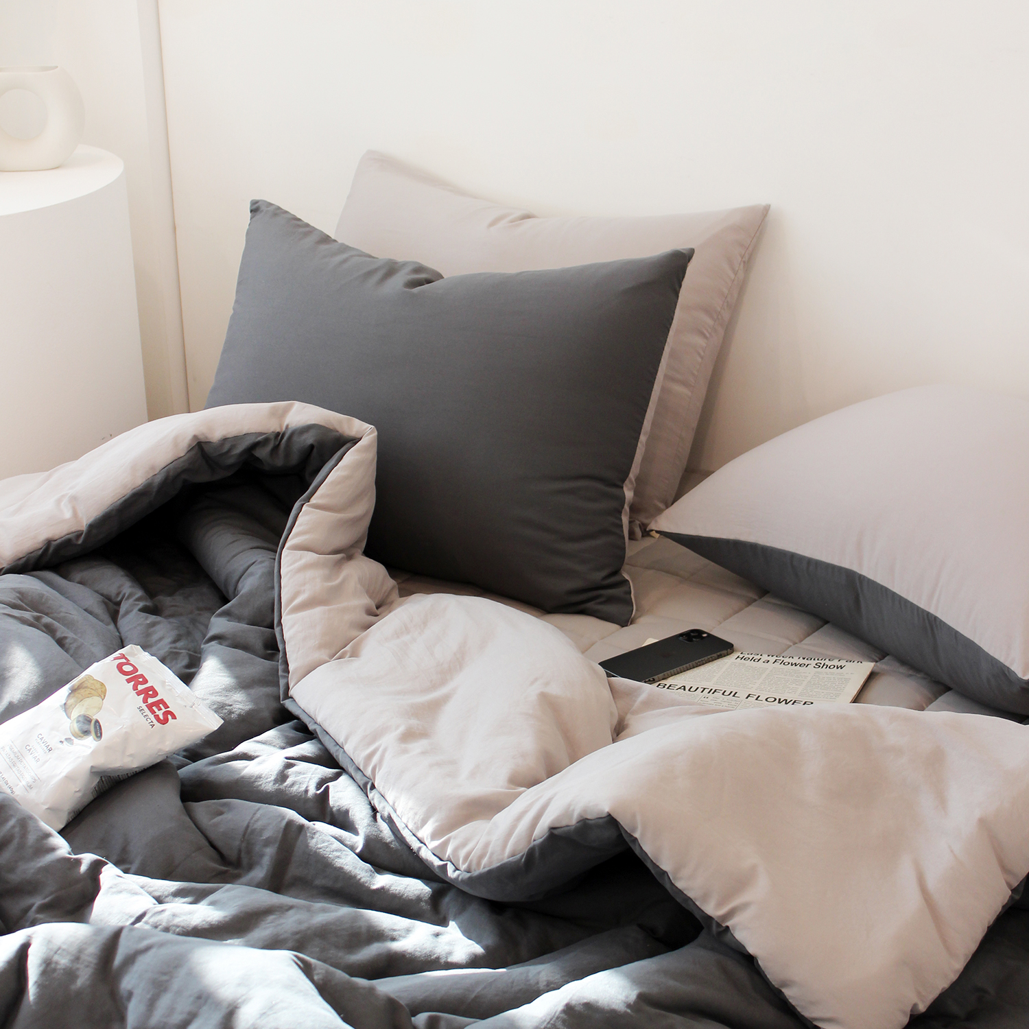 부드러운 디어마이 리버서블 워싱 옥수수솜 무봉제 차렵이불 세트 도브 그레이, SS베이직세트(이불+베개커버)