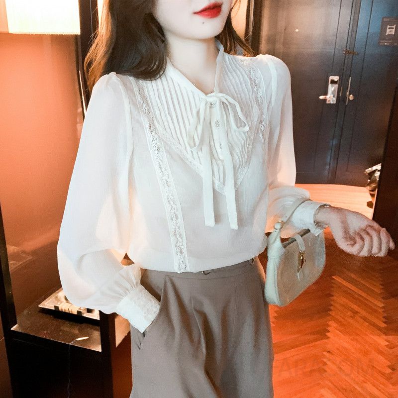 여성 리본 레이스 셔츠 디자인 니치 스타일 긴팔 블라우스 우아한 가을용 데일리룩 시스루 캐주얼 착용감 외출용 - 상세 이미지 5