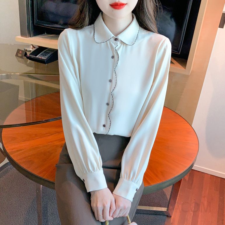 쉬폰 긴팔 블라우스 여성 가을 스타일 웨이브 엣지 폴로 칼라 자수 디테일 루즈핏 우아한 데일리룩 하객룩 - 상세 이미지 3