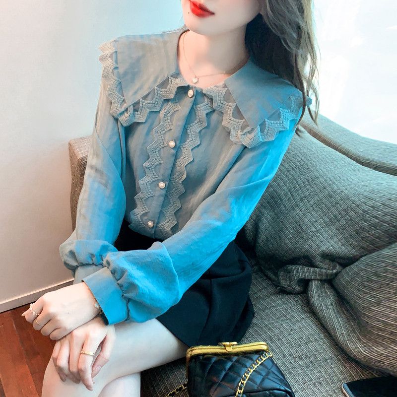 쉬폰 레이스 블라우스 여성용 가을 스타일리쉬 긴팔 셔츠 우아한 디자인 데일리룩 레이어드 활용도 높은 시스루 매력적인 착용감 - 상품 이미지