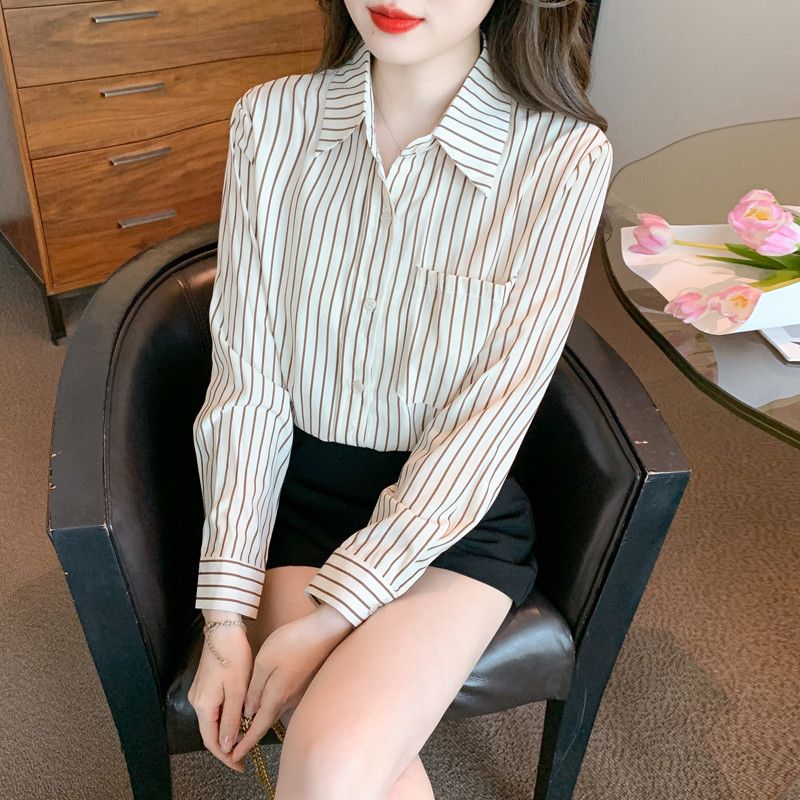 여성 가을 스트라이프 쉬폰 셔츠 블라우스 루즈핏 긴팔 스타일리쉬한 데일리 패션 고급스러운 모던한 디자인 편안한 착용감 외출용 - 상품 이미지