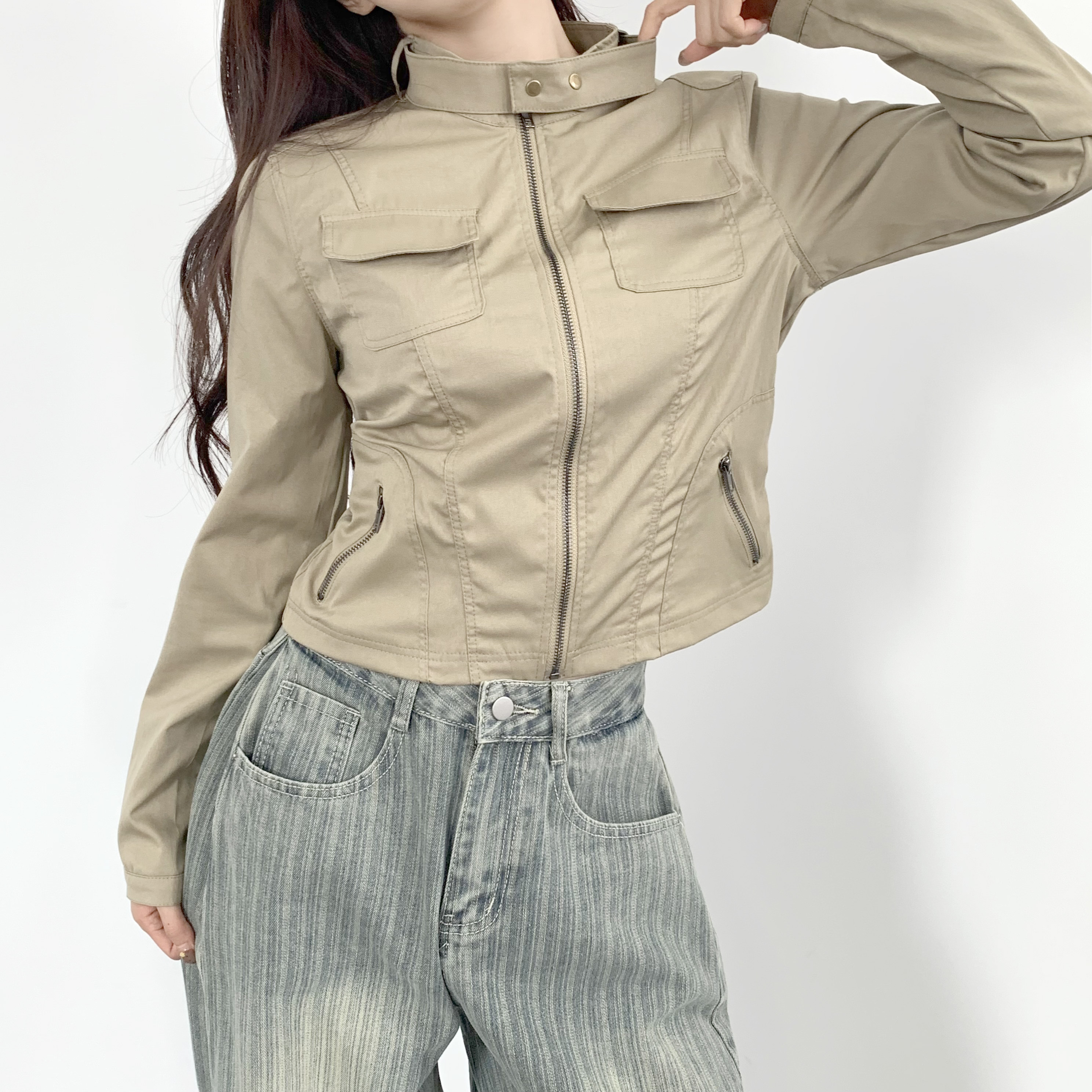 여성 가을 바람막이 크롭자켓 노카라자켓 - 상세 이미지 4