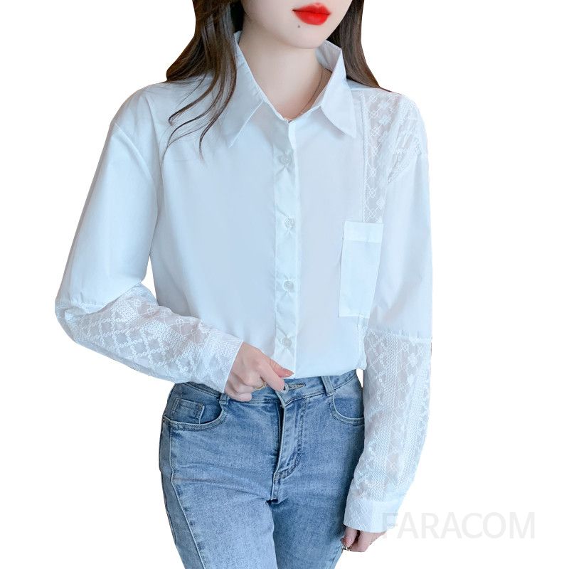 레이스 쉬폰 루즈핏 블라우스 여성 가을 화이트 긴팔 셔츠 스타일 라운드넥 디자인 우아한 캐주얼 시스루 탑 - 상세 이미지 5