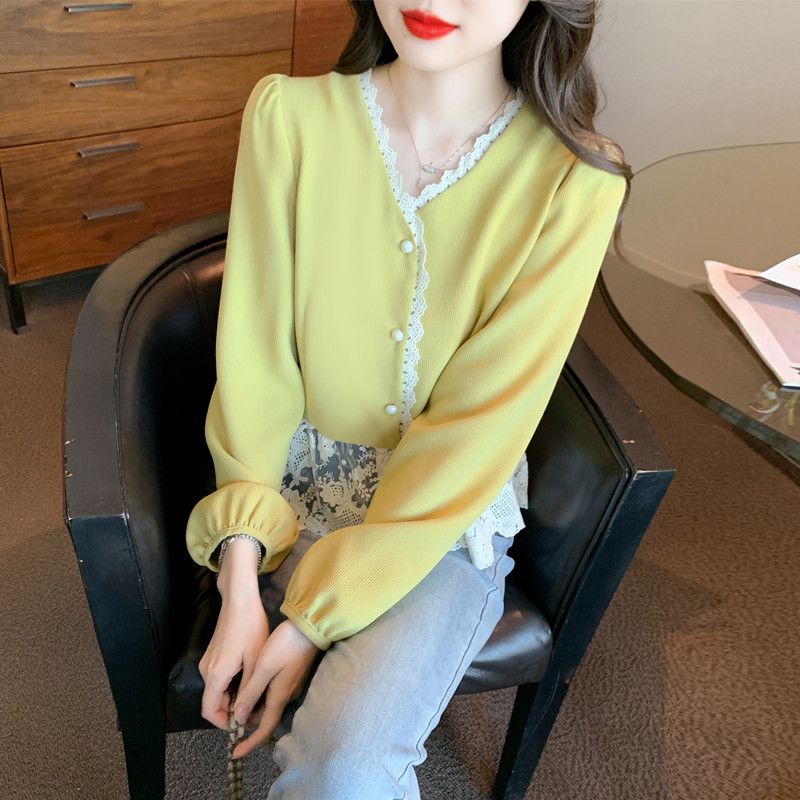 여성 레이스 탑 프렌치 스타일 블라우스 슬림핏 가을용 시크한 디자인 데일리 셔츠 우아한 착용감 트렌디한 - 상품 이미지