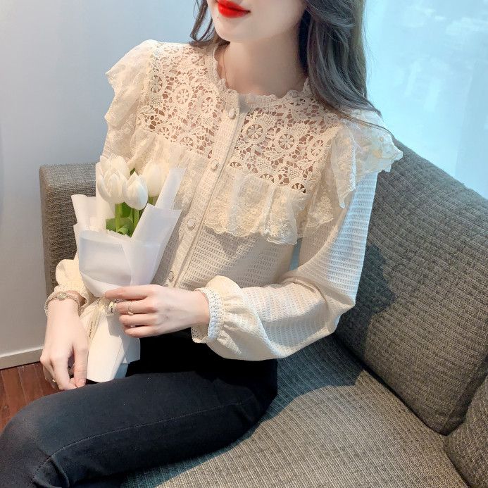 레이스 긴팔 셔츠 여성 가을 페어리 스타일 루즈핏 상의 빈티지 감성 데일리 캐주얼 착용감 편안한 외출용 블라우스 - 상세 이미지 3