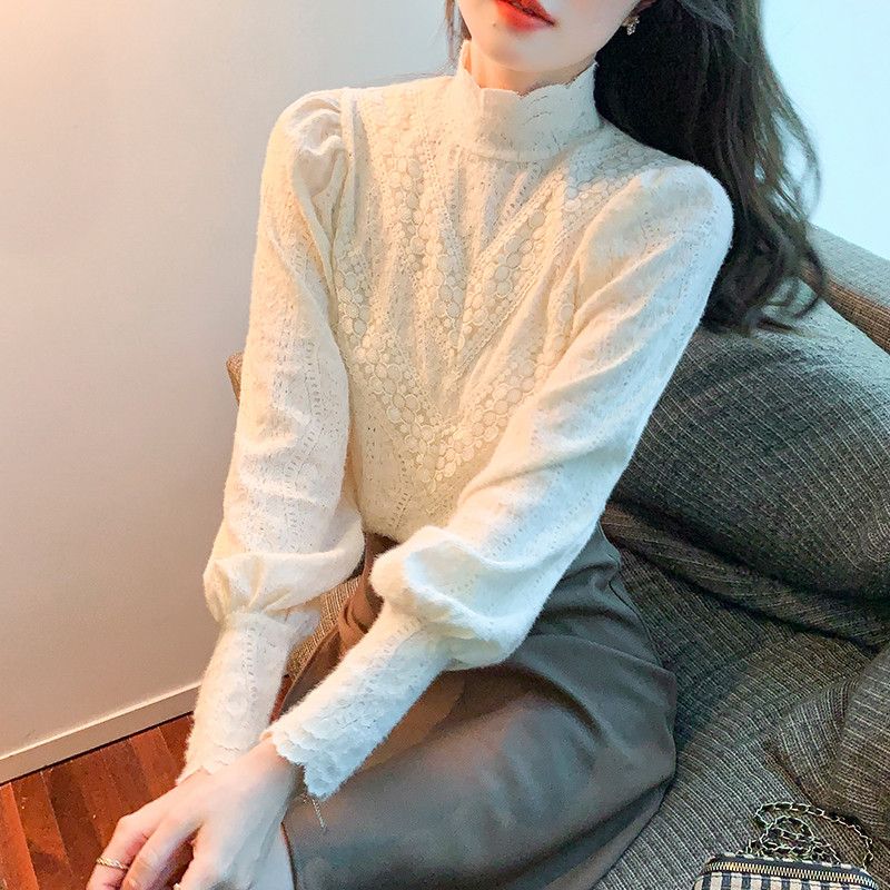 레이스 하프넥 블라우스 여성 긴팔 가을 스타일리시한 프랑스 무드 빈티지 루즈핏 캐주얼 셔츠 오피스룩 하객룩 데일리룩 - 상세 이미지 2