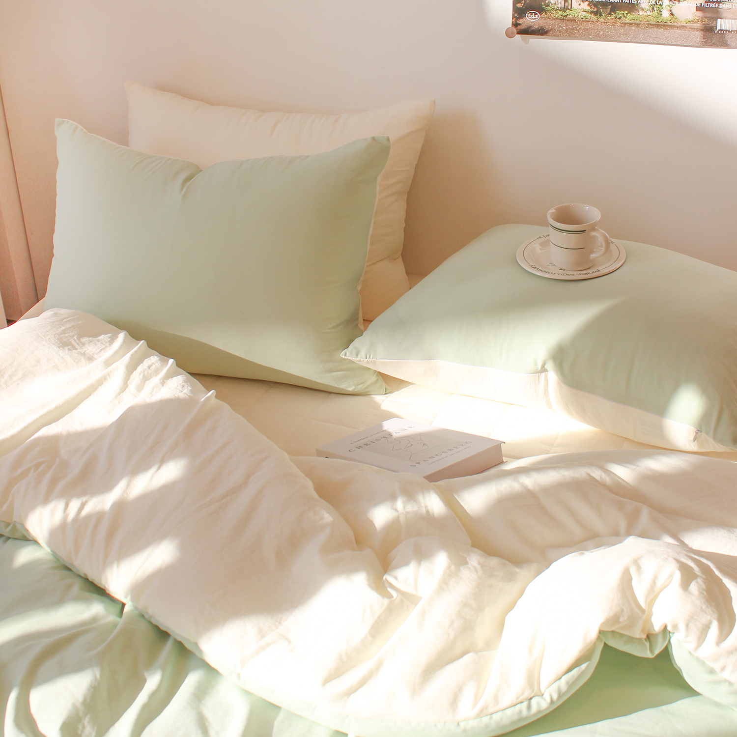 부드러운 디어마이 리버서블 워싱 옥수수솜 무봉제 차렵이불 세트 라임 크림, Q베이직세트(이불+베개커버)