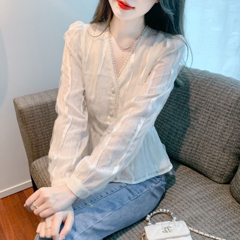 레이스 V넥 쉬폰 블라우스 여성용 가을 스타일리시한 세련된 탑 데일리룩 우아한 디자인 외출용 레이어드 캐주얼 착용감 - 상세 이미지 3