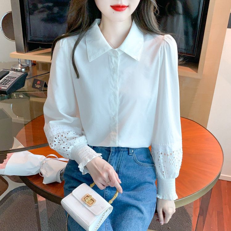 화이트 레이스 쉬폰 여성 블라우스 봄여름 심플한 스타일리시 캐주얼 셔츠 랜턴슬리브 데일리 룩 시원한 착용감 패션 탑 - 상세 이미지 4