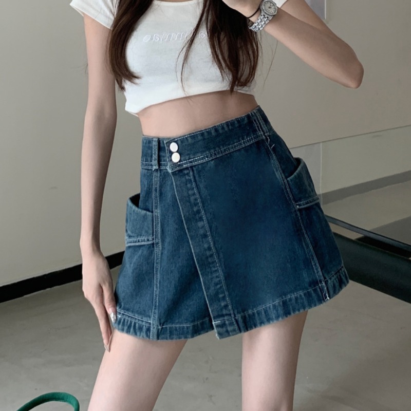 청치마반바지 빅사이즈 여성 데님 치마바지 캐주얼 A라인 스커트 블루 S - 상세 이미지 4