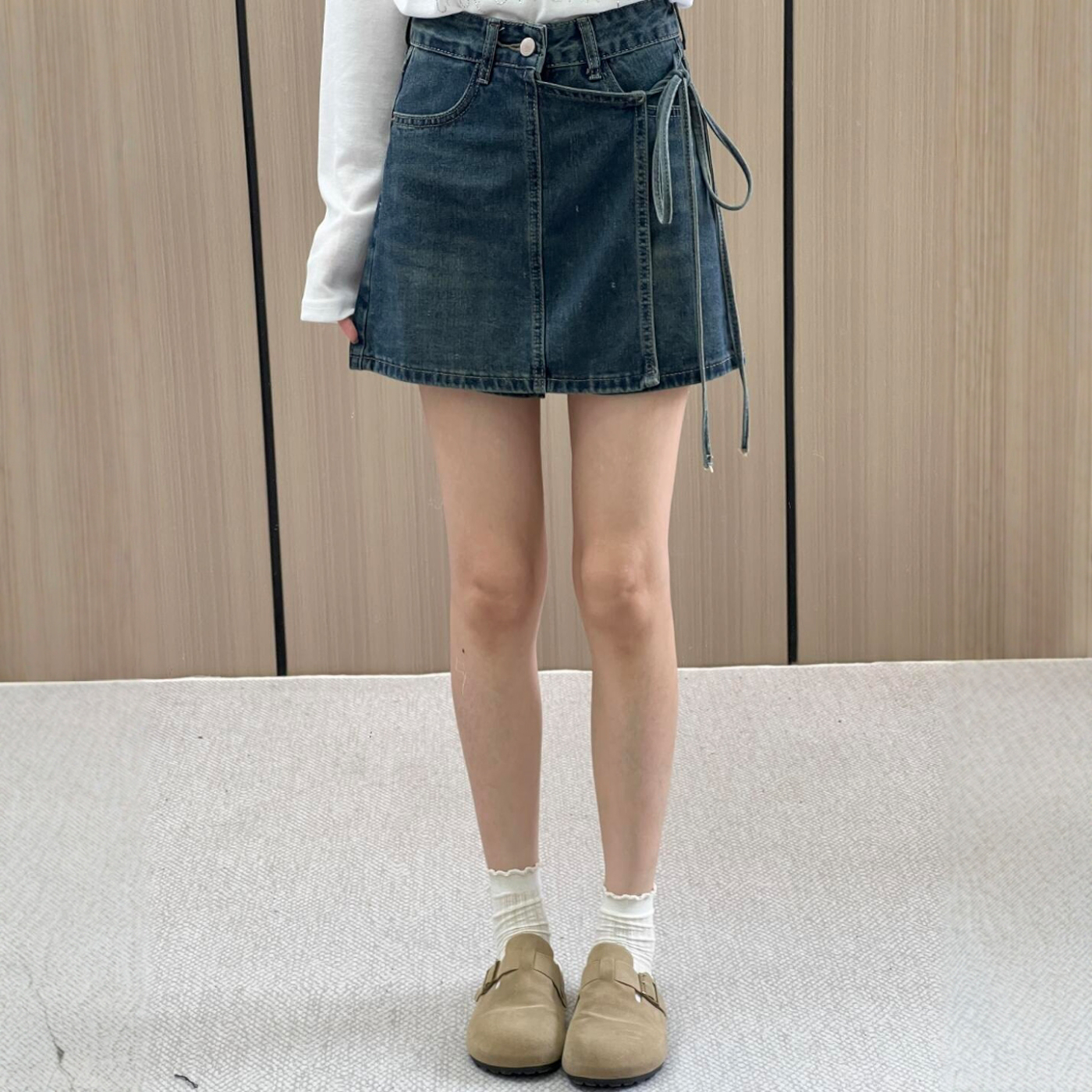 청치마반바지 여성 팬츠 스커트 데님 랩스커트 블루 S - 상세 이미지 4