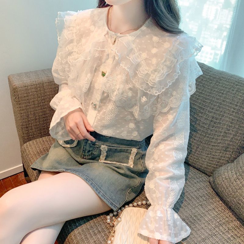 여성 레이스 베이비 칼라 쉬폰 블라우스 가을 루즈핏 긴팔 셔츠 스타일 데일리 캐주얼 자수 디자인 빈티지 감성 모던한 착용감 예쁜 - 상세 이미지 3