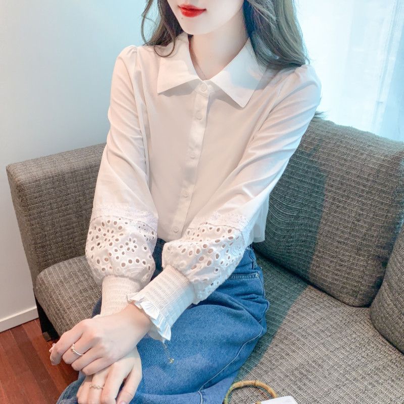 화이트 레이스 쉬폰 여성 블라우스 봄여름 심플한 스타일리시 캐주얼 셔츠 랜턴슬리브 데일리 룩 시원한 착용감 패션 탑 - 상세 이미지 2