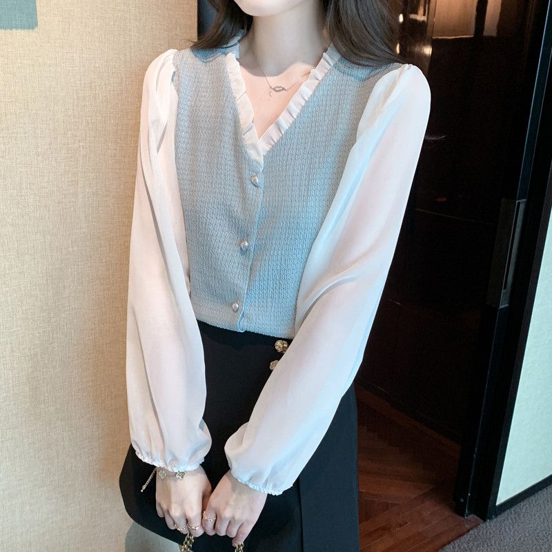 여성 브이넥 쉬폰 블라우스 봄 스타일리시한 긴팔 상의 데일리 착용감 편안한 여성블라우스 다양한 코디 가능 빈티지 감성 - 상세 이미지 2