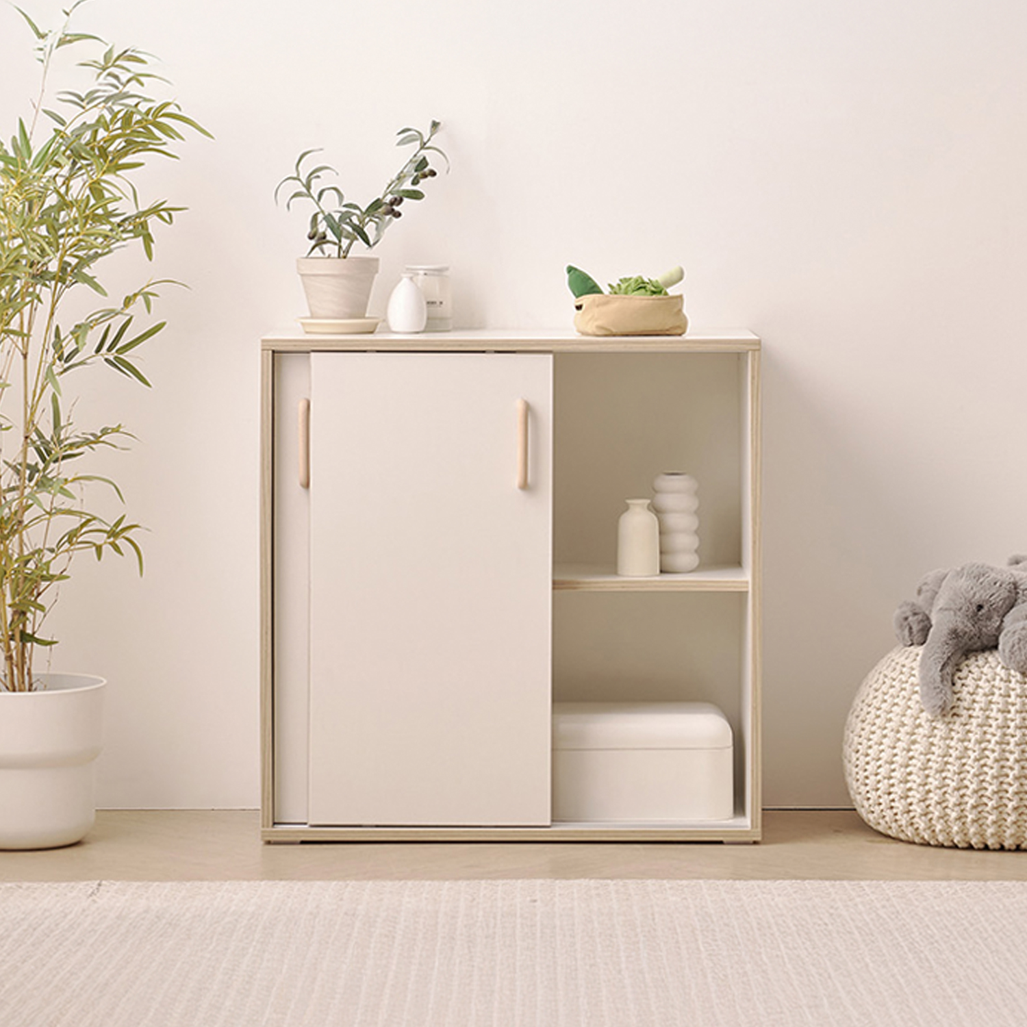 슬라이딩 수납장 원목 수납장 베란다 맘마존 800x400x800mm, 2단, 크림화이트